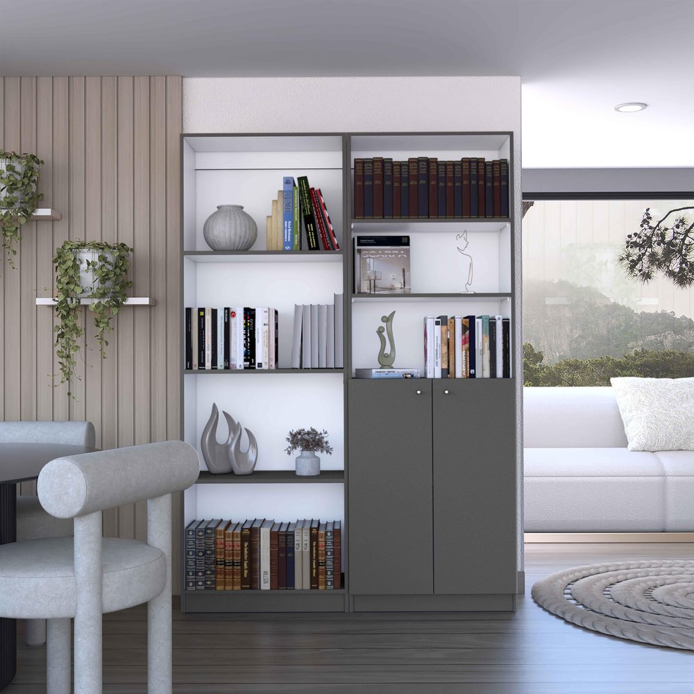 2 Pcs Home Bookcase Set, 49" Wide with 9 Shelves, Living Room Matt Gray, White