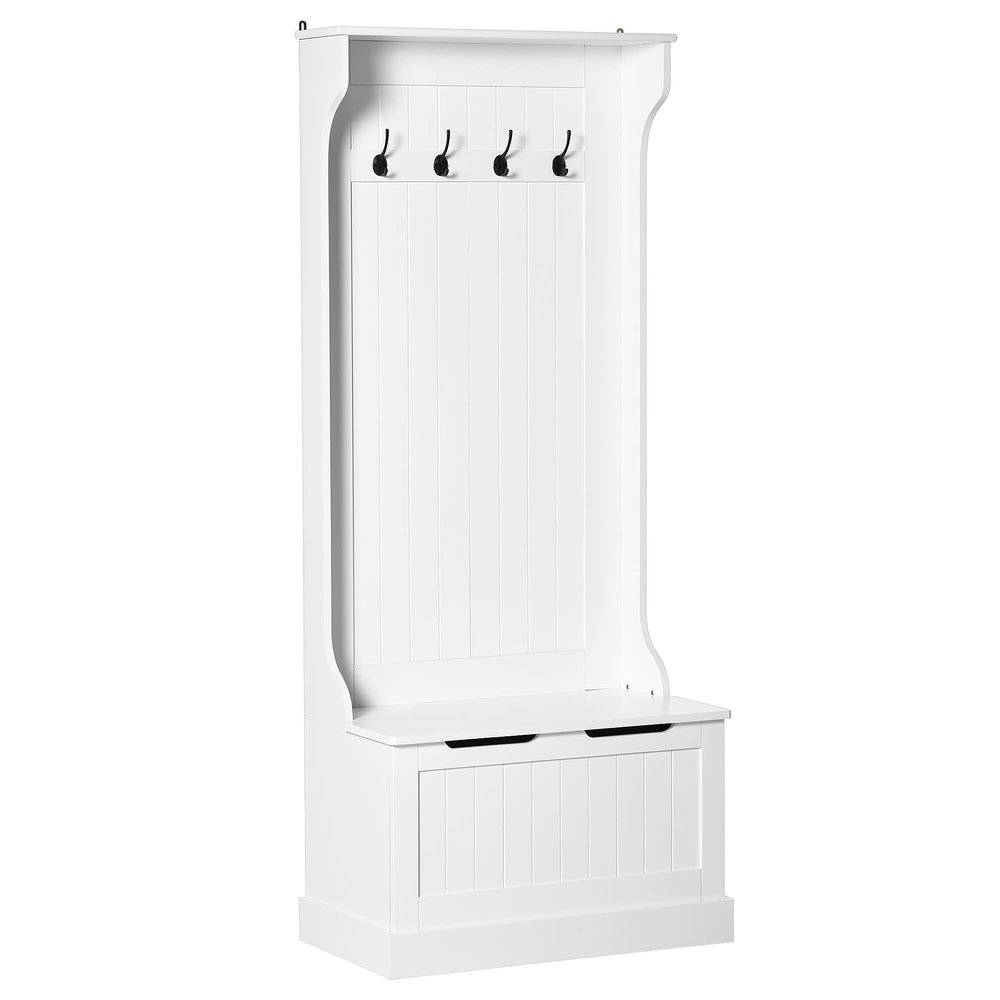 Hall Tree with Coat Rack, Storage and Sitting Bench, White