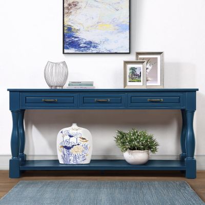 63inch Long Wood Console Table with 3 Drawers and 1 Bottom Shelf for Entryway Hallway Easy Assembly Extra Thick Sofa Table(Blue)