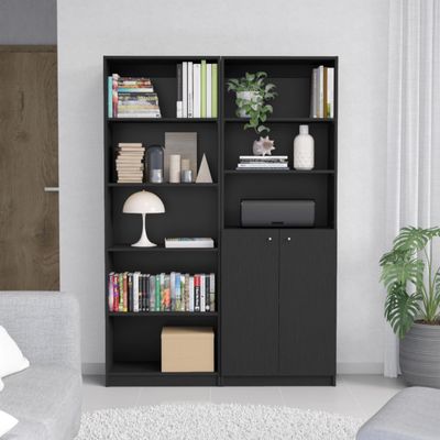 2 Pcs Home Bookcase Set, 49" Wide with 8 Shelves and Double Door Cabinet, Living Room Set Black