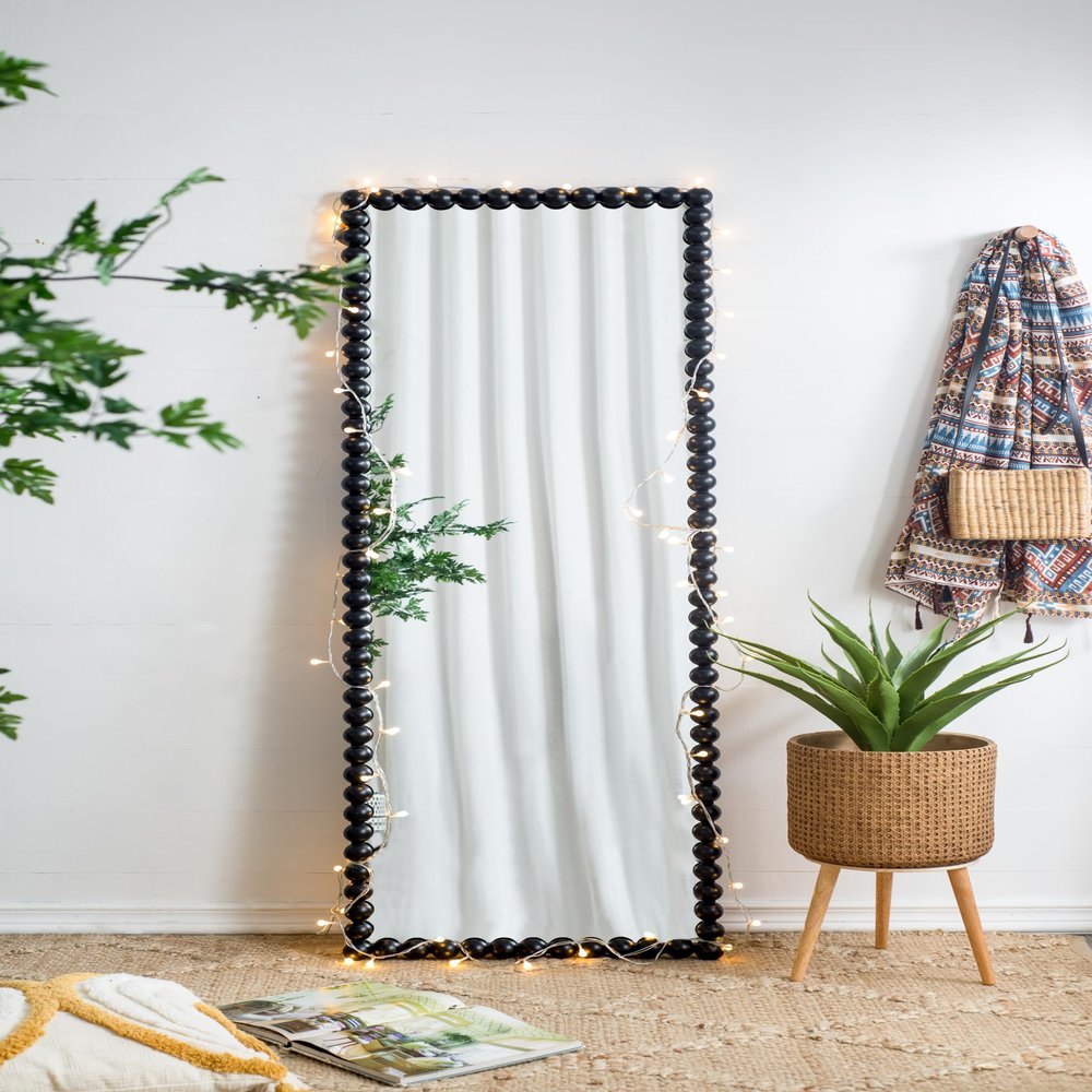 23" x 72" Full Length Mirror with Metal Beaded e, Rectangular Oversized Mirror for Living Room Bedroom, Black
