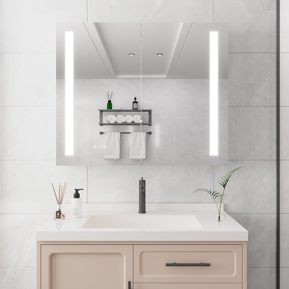 36 x 30 inch Medicine Cabinet with LED Vanity Mirror, Anti Fog, Dimmable, Recessed or Mount, Aluminum 3000K~6000K Lighted Double Door Bathroom Cabinet with Touch Switch