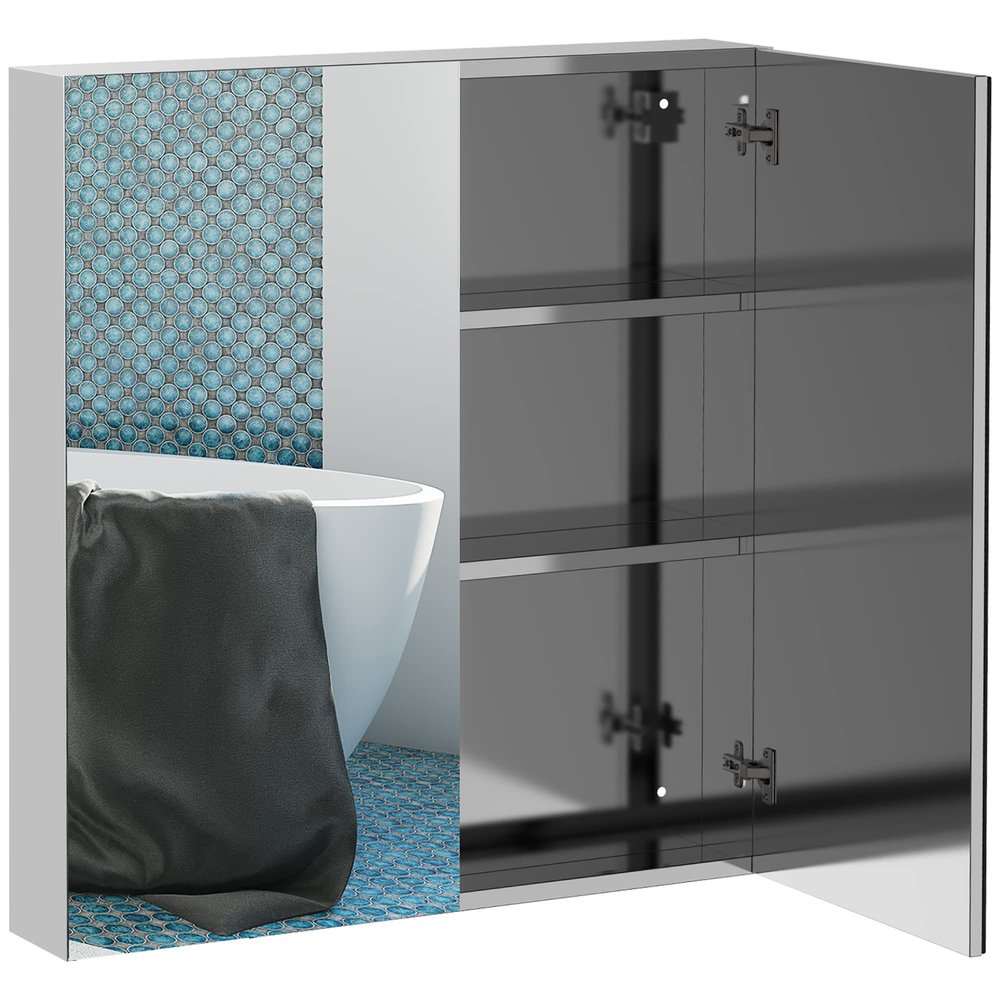 Bathroom Mirrored Cabinet, 24"x26" Stainless Steel e Medicine Cabinet, Wall Mounted Storage Organizer with Double Doors, Silver