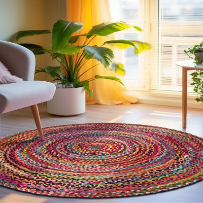 Aizza Trends Indian Handmade Braided Multi Cotton Rectangular Area Rug, Multi Cotton Rug, Bedroom Size- 2 x 2 Feet Round (60 cm x 60 cm)