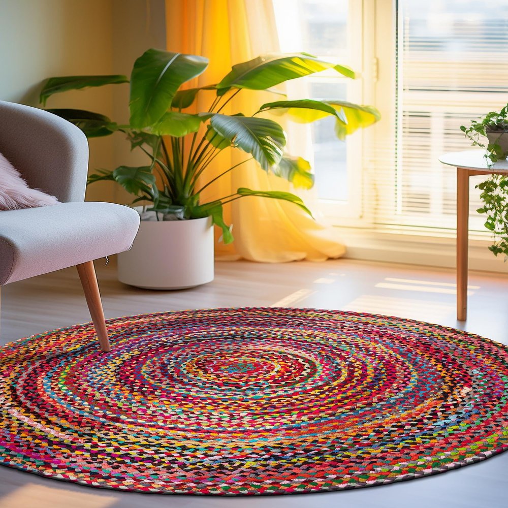 Aizza Trends Indian Handmade Braided Multi Cotton Rectangular Area Rug, Multi Cotton Rug, Bedroom Size- 2 x 2 Feet Round (60 cm x 60 cm)