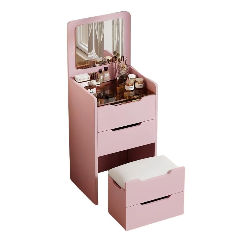 3-in-1 Vanity Desk Set with Flip-Top Mirror Vanity Bench 3 Storage Drawers Wood Makeup Vanity for Dressing Areas Multi Scenario Use(Pink,60 cm)