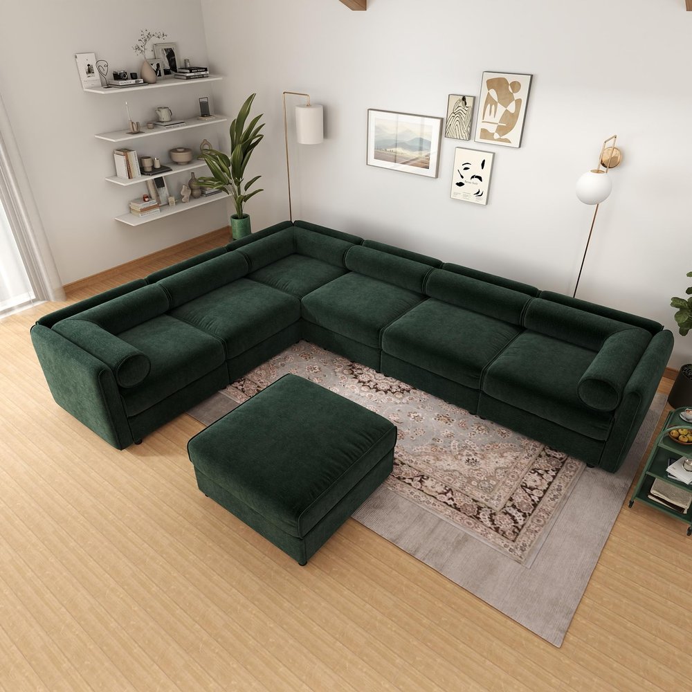SoarTalent Chenille Oversized Corner Sectional Sofa with Storage L-Shaped 6 Seater Modular Convertible Couch with Ottoman and Rolled Arms for Living Room,Family Room,Home Theater(Green)