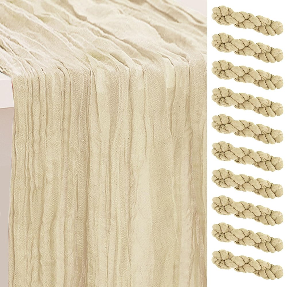 10 Pack Beige Cheesecloth Table Runner 35x120 Inch 10Ft Rustic Gauze Cheese Cloth Table Runner Sheer Cheesecloth Table Runners for Wedding Party Bridal Shower Decoration
