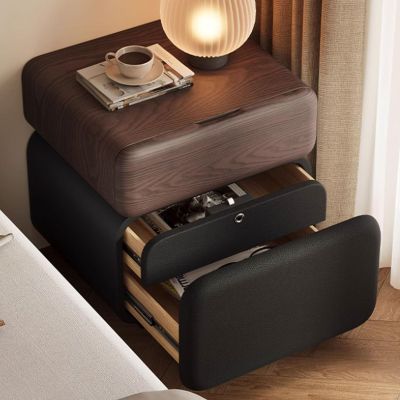 AoForce Night Stands Solid Wood Nightstand Hidden Fingerprint Lock Drawer with 3 Drawers Handleless Design Rounded Corners Suitable for Bedroom and Living Room(Walnut+Black,45x40x50cm)