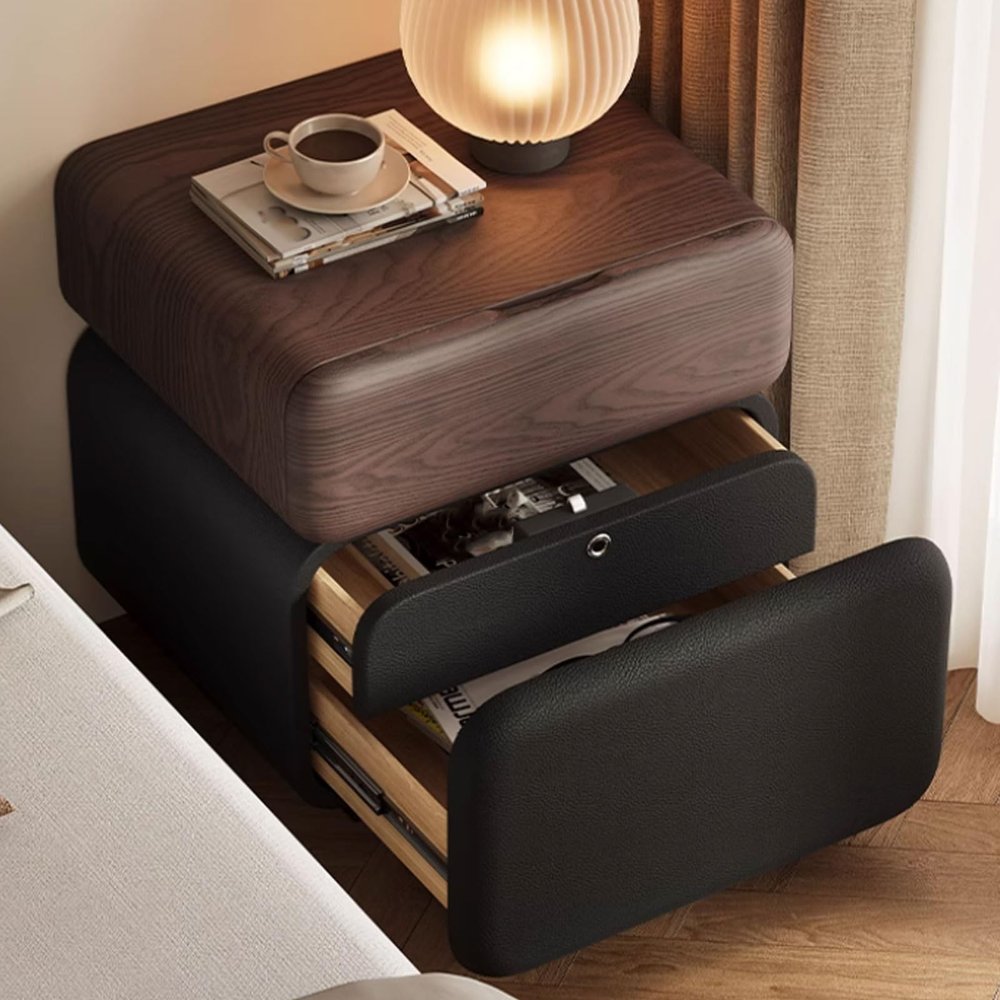 AoForce Night Stands Solid Wood Nightstand Hidden Fingerprint Lock Drawer with 3 Drawers Handleless Design Rounded Corners Suitable for Bedroom and Living Room(Walnut+Black,45x40x50cm)