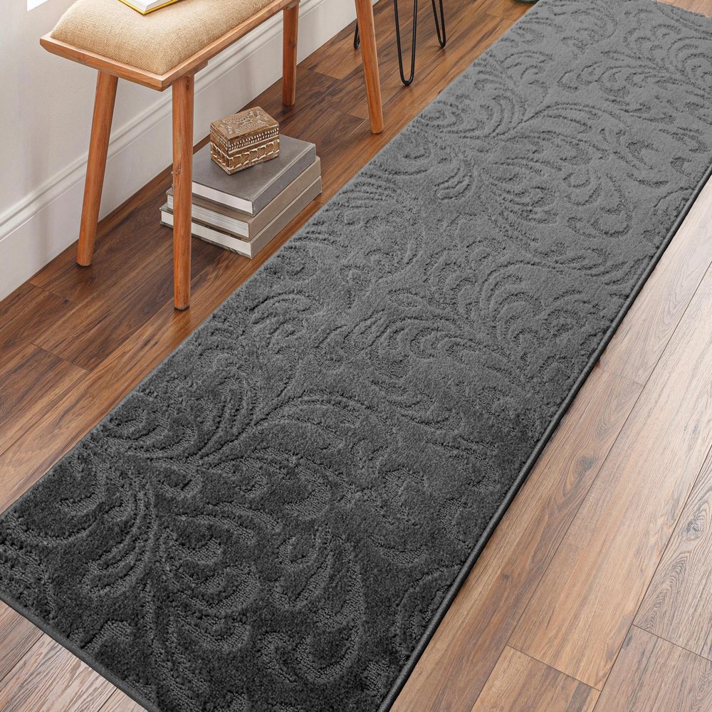 28 ft Extra Long Non-Slip, Washable Anthracite Grey Carpet Runner Rug with Rubber Backing for Hallways Entryway Kitchen Bathroom, Custom Length, Floral, 27" X 28'