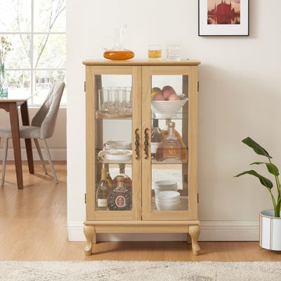 2 Doors Curio Cabinet with Tempered Glass Doors, Curio Cabinets with Mirrored Back Panel and Adjustable Shelves, Lighted Display Cabinet for Home, Office Light Bulb Included Oak EW263