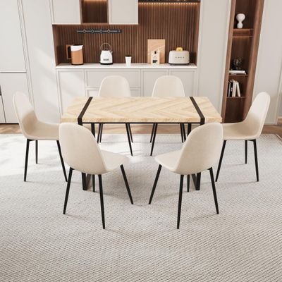 59" Light Wood Dining Table Chair Set of 8 Pcss, Medieval Black Metal Base Buy 6 Chairs and get 2 Free(Beige) NN517