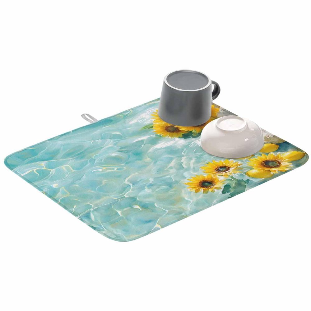 1 Pack Dish Drying Mats,Summer Watercolor Sunflower Lemon Super Absorbent Microfiber Dishes Drainer Mat Lake Stone Flower Fruit Reversible Drying Rack Pads for Kitchen Counter Sink