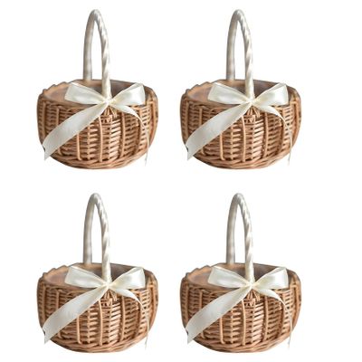 Wuden 4X Wicker Woven Flower Basket, with Handle and White Ribbon, Wedding Flower Girl Baskets, for Home Garden Decoration(S)