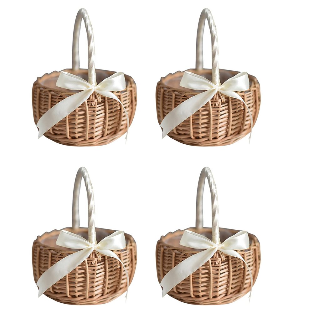 Wuden 4X Wicker Woven Flower Basket, with Handle and White Ribbon, Wedding Flower Girl Baskets, for Home Garden Decoration(S)