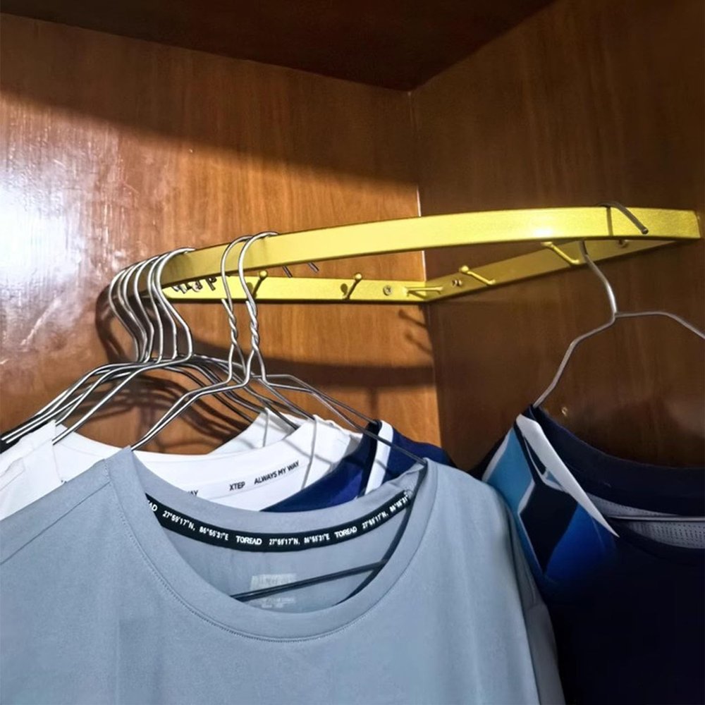 Oracra Closet Rod Corner Closet Rail Support Pole, Wall Mount Right Angle Wardrobes Rod Holder, Hanging Clothes Organizer Rack, 30/40/50/60 Cm Coat Hanger Bar Hooks(Gold,50cm(19 3/4"))