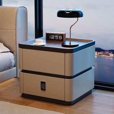 Bedside Table, Modern Nightstand Minimalist Solid Wood Bedside Table with Password Lock Bedroom Storage Cabinet Bedside Locker(Khaki,15.7x15.7x19.7in)