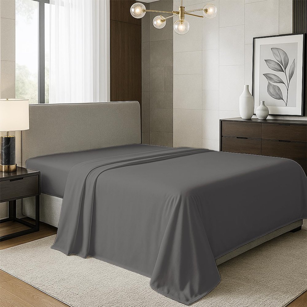TEXAS LINEN CO. 100% Organic Cotton Percale Flat Sheet King Size - 1 PC Flat Sheet, Dark Grey - Crisp, Cool and Strong Bed Linen, Top Sheets for Hot Sleepers, Luxury Breathable GOTS Certified Sheets