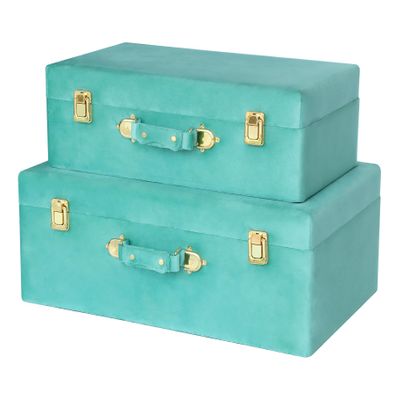 HofferRuffer Velvet Storage Trunks with Wood Frame, Set of 2 Storage Chests with Handles, Bedroom Organizer Nesting Upholstered Decorative Boxes Hinged Lid with Gold Hardware Accents (Green Trunks)