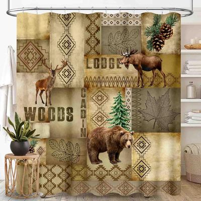 Bear Shower Curtain, Rustic Farmhouse Vintage Hunting Deer Elk Moose Adventure Woodland Wild Animals Lodge Cabin Country Style Waterproof Fabric Bathroom Shower Curtain Set with Hooks, 72"x78" Inch