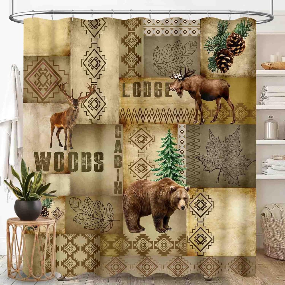 Bear Shower Curtain, Rustic Farmhouse Vintage Hunting Deer Elk Moose Adventure Woodland Wild Animals Lodge Cabin Country Style Waterproof Fabric Bathroom Shower Curtain Set with Hooks, 72"x78" Inch