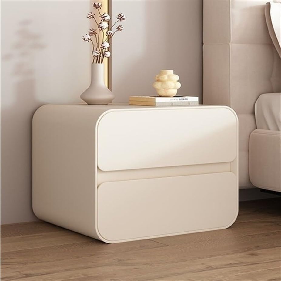 Bedside Table, Modern Bedside Table with 2 Drawers Leather Wrapped Bedroom Furniture Bedside Table Small End Table for Small Space Bedroom Living Room Wooden Bedside Table(Beige,45cm/17.7in)