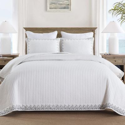 MarCielo 3-Piece 100% Cotton White Striped Quilt Set with Botanical Edge Embroidery TC(Sakura White,King(106" X 98"))