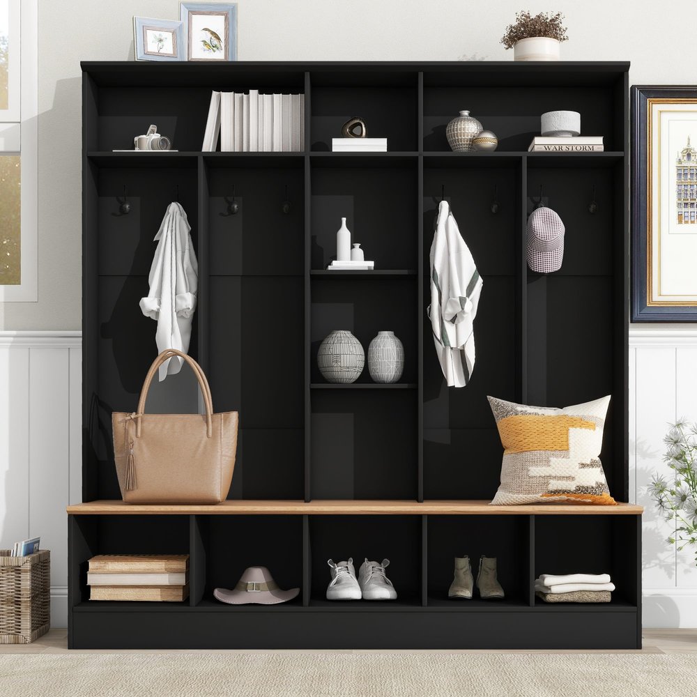 66.9" Wide Hall Tree with Storage Bench, Shoe Cabinet with Cube Storage & Shelves, Coat Rack with 8 Hooks for Entryways
