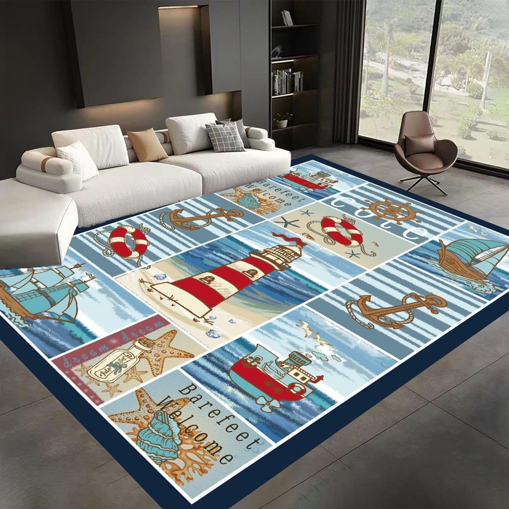 Fouiunler Coast Coastal Area Rug,5x7ft, Sailboat Rudder Lighthouse Printed Fade Resistant Machine Washable Rugs Ocean Theme Living Room Carpet for Bedroom Bedside Kids Mat
