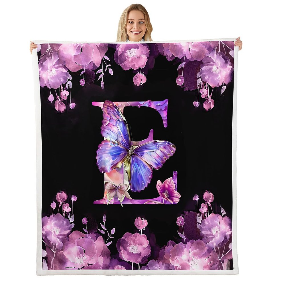 jejeloiu Butterfly Kids Fleece Throw Blanket,Twin 60"x80",Monogrammed Sherpa Blanket Plush Fuzzy,Initial Letter E Soft for Bed Couch Chair Living Room,Floral Print Personalized Letter E,Black Purple