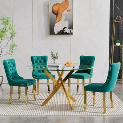 5-Piece Dining Table Set for 4,Round Glass Dining Table Set for 4,Tempered Glass Table Top and Stainless Steel Legs&4 Velvet Chairs for Kitchen Apartment (Gold/Green, 47'' Table&4 Chairs)