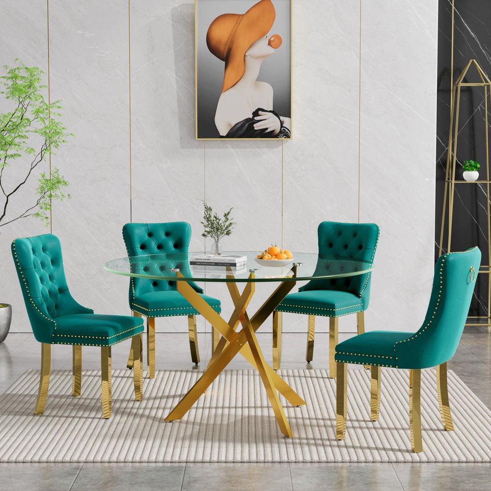5-Piece Dining Table Set for 4,Round Glass Dining Table Set for 4,Tempered Glass Table Top and Stainless Steel Legs&4 Velvet Chairs for Kitchen Apartment (Gold/Green, 47'' Table&4 Chairs)