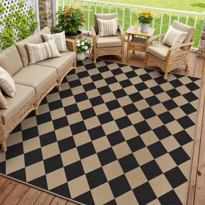 PureCozy 8x10 Black Checkered Washable Area Rug Indoor Outdoor Non Slip