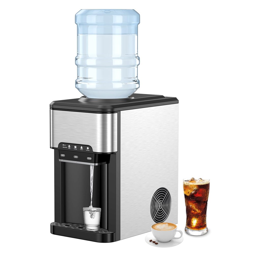 CHEFJOY Water Dispenser with Ice Maker, 3 in 1 Countertop Ice Machine with Safety Lock, 3-5 Gallon Bottle Water Cooler for Office Home, 48Lbs/24H, 12 Ice Cubes