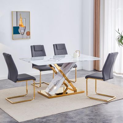 63'' Marble Dining Table Set for 4, Glass Dining Table Set for 4, White Dining Table with 0.4'' Marble Pattern Tempered Glass Tabletop & X-Shaped Leg, 4 PU Dining Chairs, for Kitchen, Dining Room