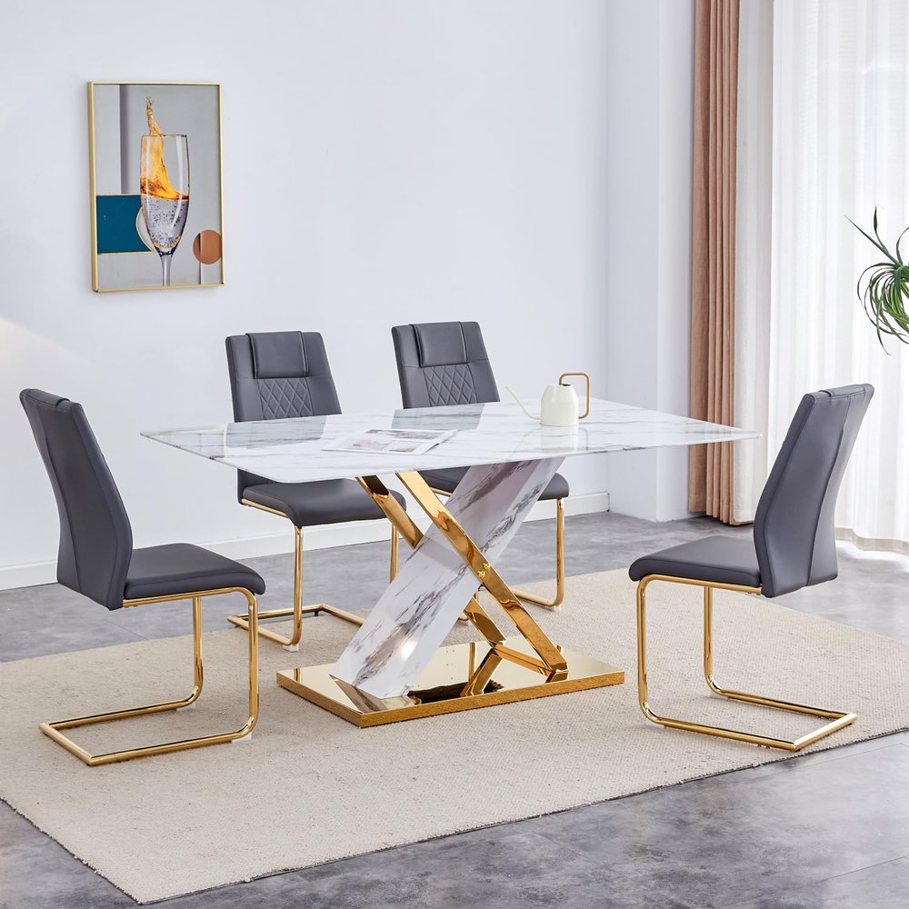 63'' Marble Dining Table Set for 4, Glass Dining Table Set for 4, White Dining Table with 0.4'' Marble Pattern Tempered Glass Tabletop & X-Shaped Leg, 4 PU Dining Chairs, for Kitchen, Dining Room