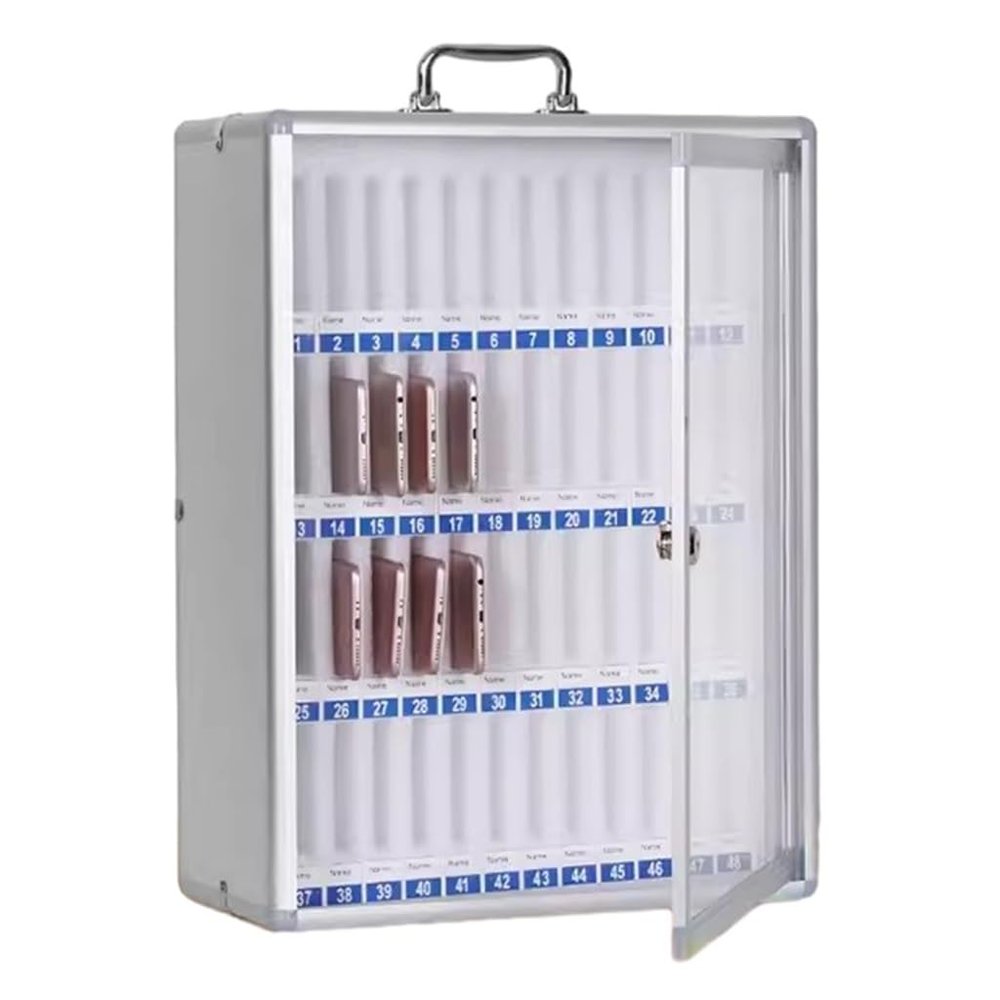 Cell Phones Storage Cabinet 36/48/60 Slots Mobile Phone Storage Cabinet Aluminum Alloy Wall Mounted Phone Jail with Handle for School Factory Company(Silver-A,48)