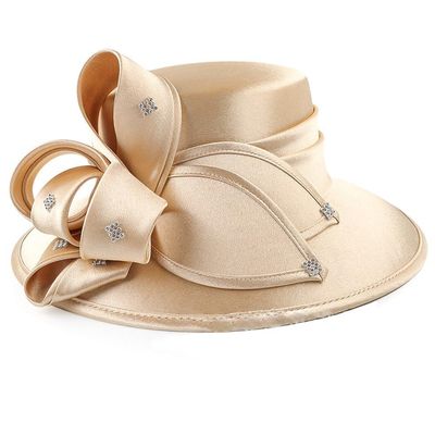 Vobumix Elegant Church Hat Satin Derby Hat Afternoon Tea Headwear for Women Ladies Wedding Tea Party Accessories Gold