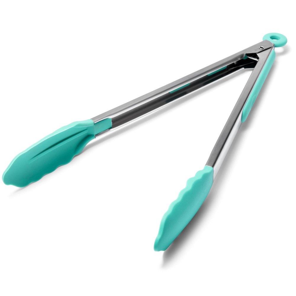 Doosu Kitchen Tongs for Cooking - 600F Heat Resistant Food Tong with Non-Scratch Silicone Tips, Heavy Duty Stainless Steel Locking Tong for BBQ, Grilling Steak, Serving Salad, Pasta (12in, Aqua Sky)