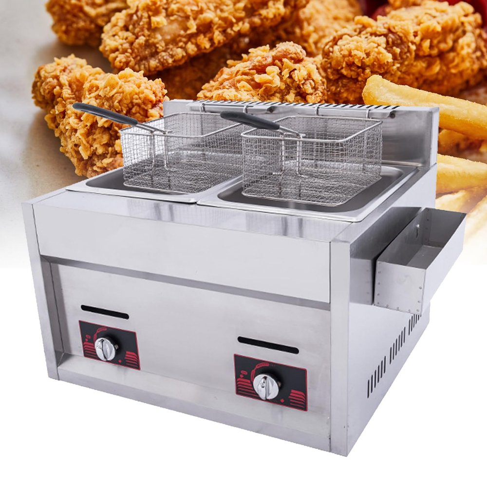 Naturalpowev Deep Fat Fryer, Fryers Double-Cylinder Gas Deep Fryer with 10Lx2 Basket & Lid, Adjustable Temperature Control 150-190C, for Fried Chicken, Chips & More