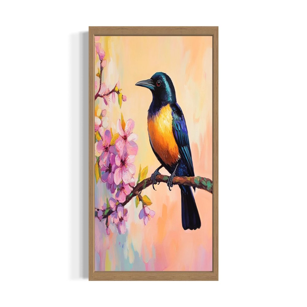 Commoon Grackle Wall Art Print Poster, Floral Bird Tree Branch Nature Bedroom Bathroom Restroom Decor 157A (Commoon Grackle, 11x14 inches, Wood Frame)