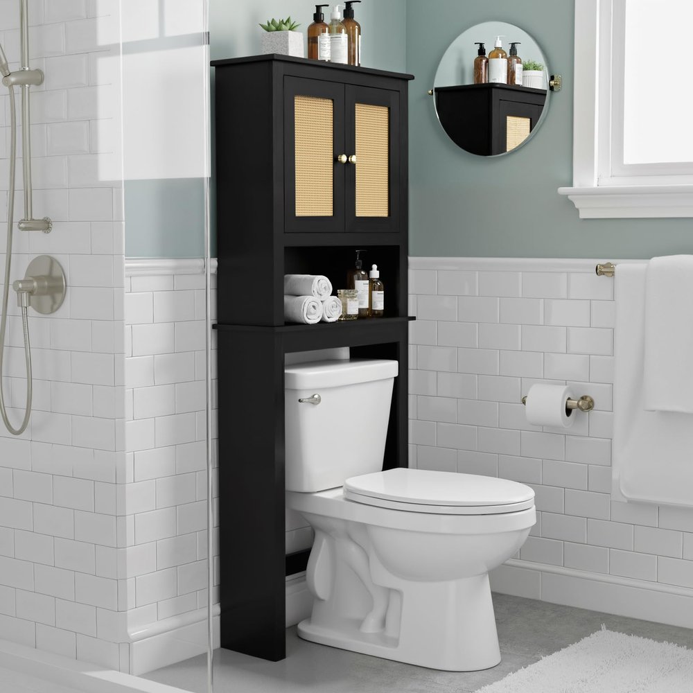 GORZING Over The Toilet Storage Cabinet, Behind Toilet Bathroom Organizer with Adjustable Shelves, Above Toilet Organizers with Barn Door, Space Saver for Restroom, Bathroom, Laundry