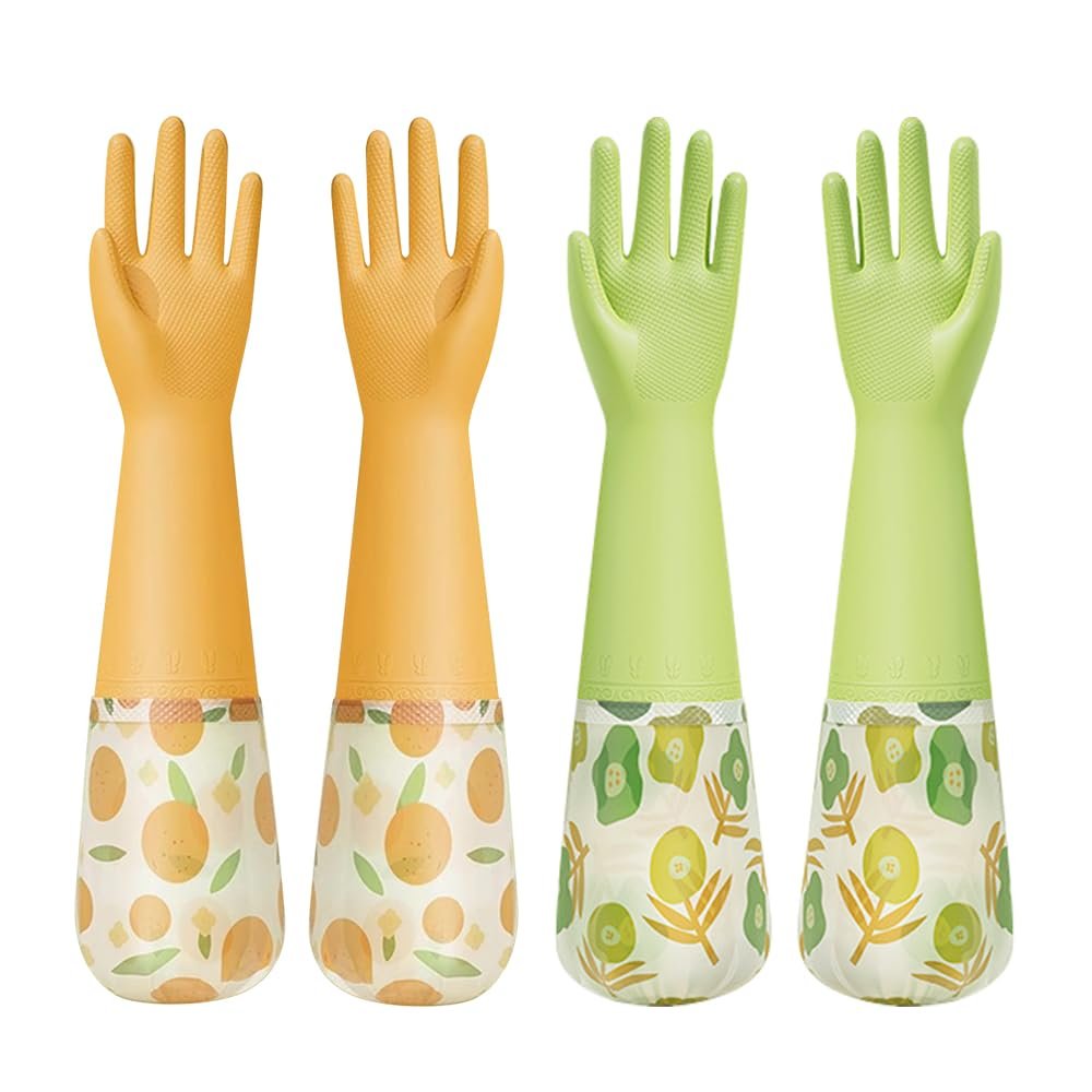 QLFJ-FurDec 2 Pairs Rubber Dishwashing Cleaning Gloves, Reusable Latex Free