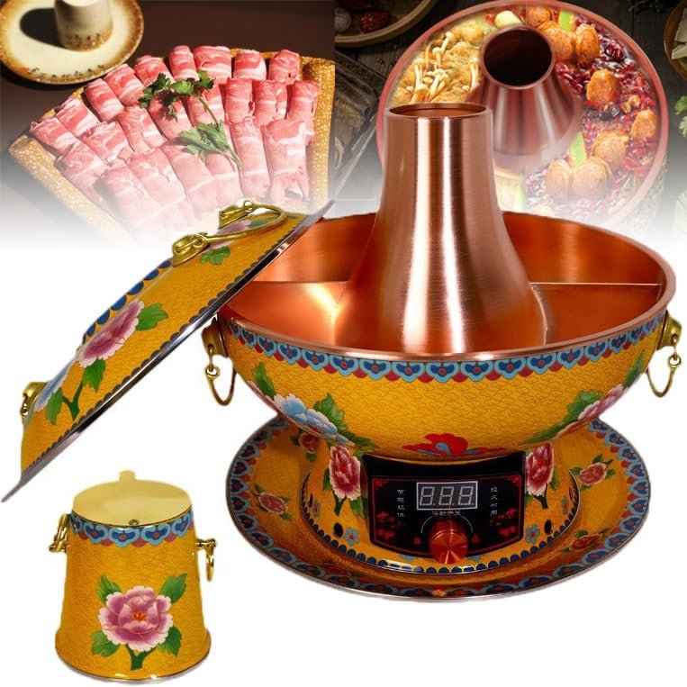 32/34/36cm Pure Copper China Chafing Dishes(Electric/Carbon Dual Purpose), Double-Boiled Hot Pot (Satisfying 2 Tastes), 360 Circulation Heating, Easy to Clean (Yellow 32cm)