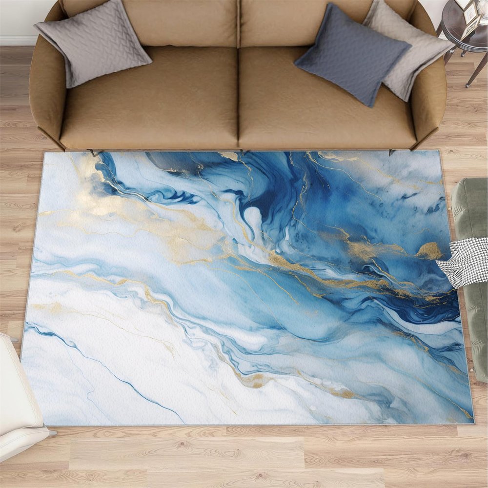 Blue Gold Marble Rugs for Children's Room3x5 Entryway Rug - White Marble Rugs for Bedroom, Nordic Light Luxury Area Rugs for Living Room, 3D Print Carpet, Washable Carpet - Home Decor Floor Mat
