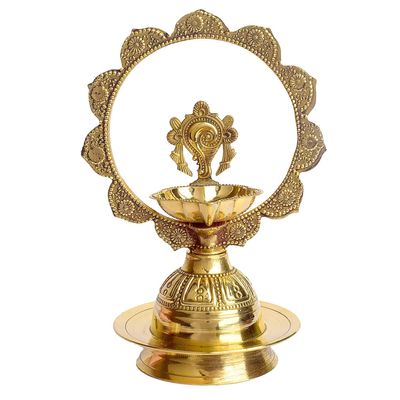 SATVIK 7-7.5 INCH Embossed Shankh Morkiran Brass Diya for Puja & Home Decor | Traditional Handcrafted Oil Lamp | Antique Finish l Festive Gift for Mandir & Diwali Pooja