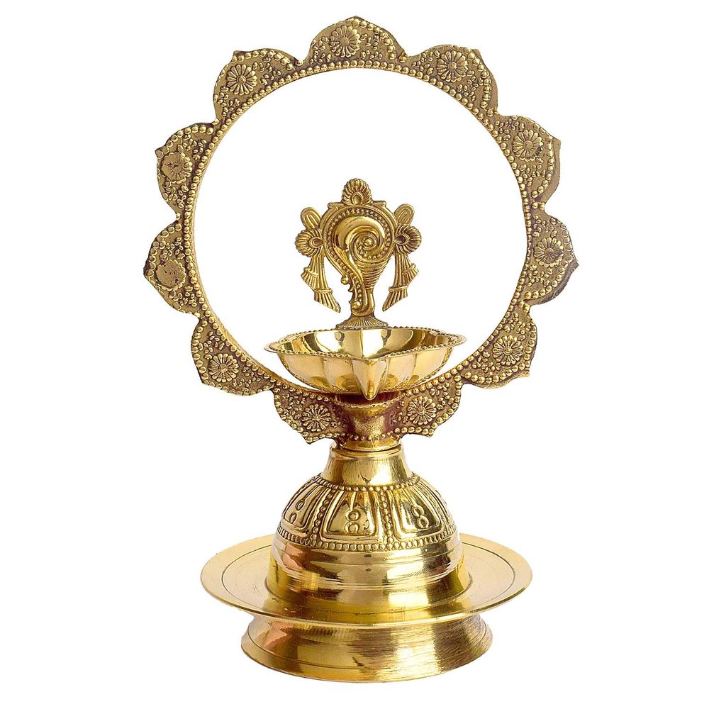 SATVIK 7-7.5 INCH Embossed Shankh Morkiran Brass Diya for Puja & Home Decor | Traditional Handcrafted Oil Lamp | Antique Finish l Festive Gift for Mandir & Diwali Pooja