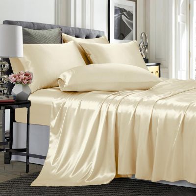 Olympic Queen Size 4-Piece Sheet Set 30 Momme Mulberry Silk Bed Sheets Set Fits 6-9" Deep Pocket - Celebration Comfort Collection (Solid, Beige)