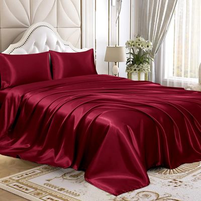 Cottin Design Den Olympic Queen Size 4-Piece Sheet Set 25 Momme Exclusive Mulberry Silk Bed Set Fits 6-9" Deep Pocket Mulberry Silk Sheet Set (Solid, Burgundy)